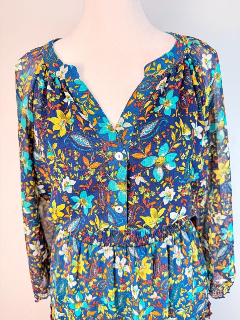 Fig And Flower Womens M Blue Floral Paisley Maxi Dress Boho Long Sleeve - Picture 13 of 16